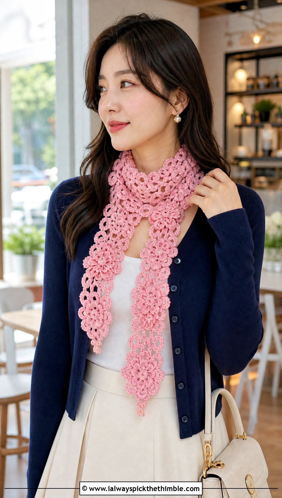 Flower Cari Keyhole Crochet Scarf With Cardigan And Midi Skirt - 15 Cari Keyhole Crochet Scarf outfit ideas