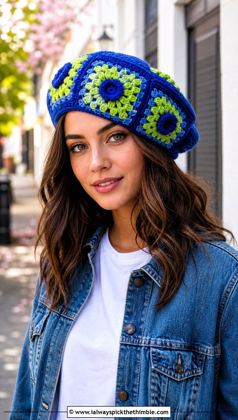 Flower Center Crochet Granny Square Beret With Denim Jacket - 20 Crochet Granny Square Beret outfit ideas