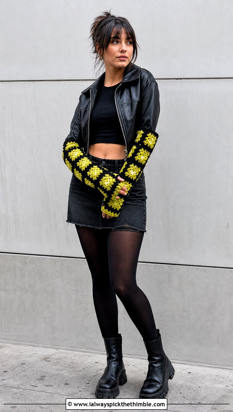 Flower Center Granny Square Arm Warmers With Leather Jacket - 20 Granny Square Arm Warmers outfit ideas