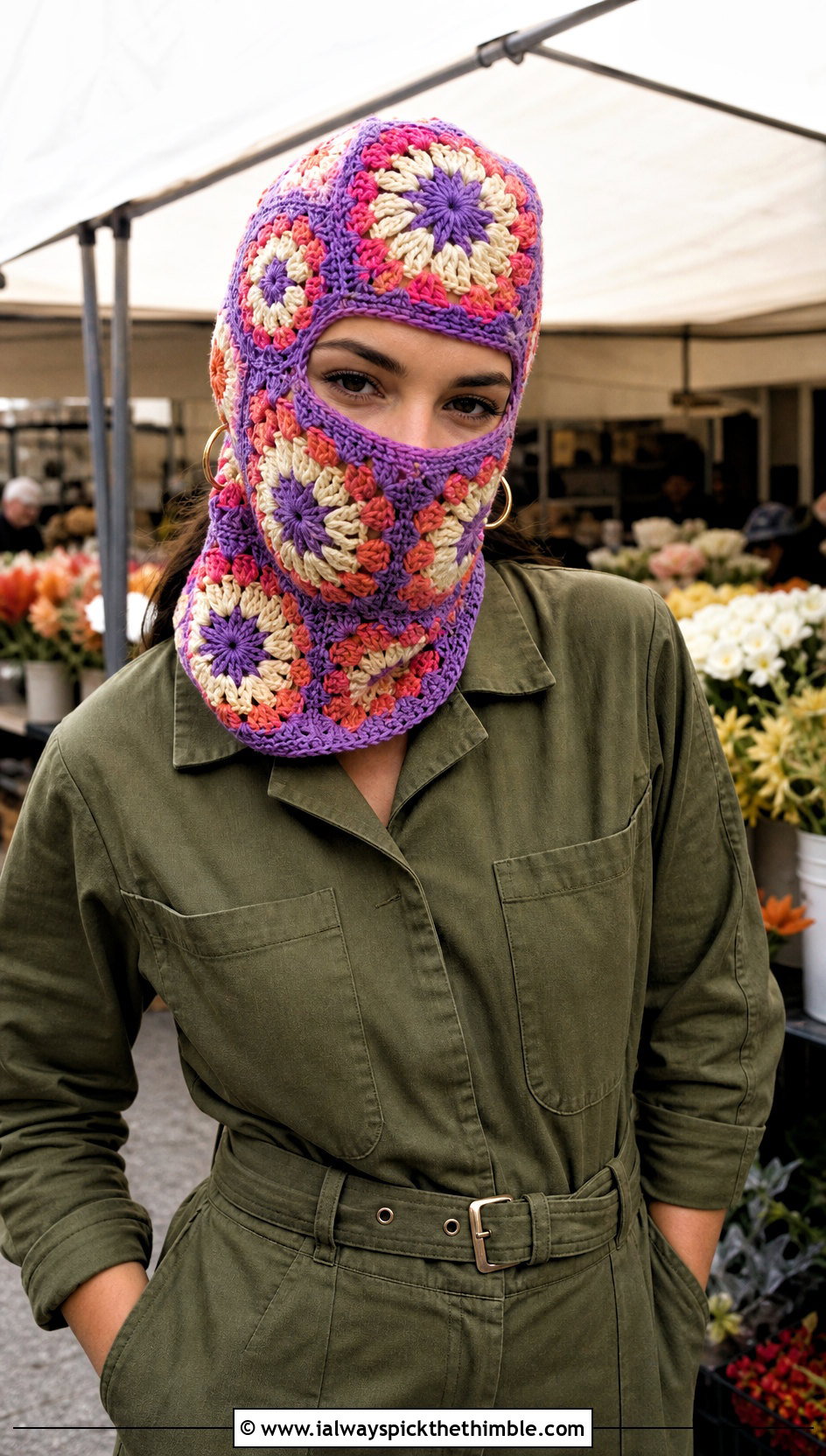 Flower Center Granny Square Balaclava With Utility Jumpsuit - 25 granny square balaclava outfit ideas