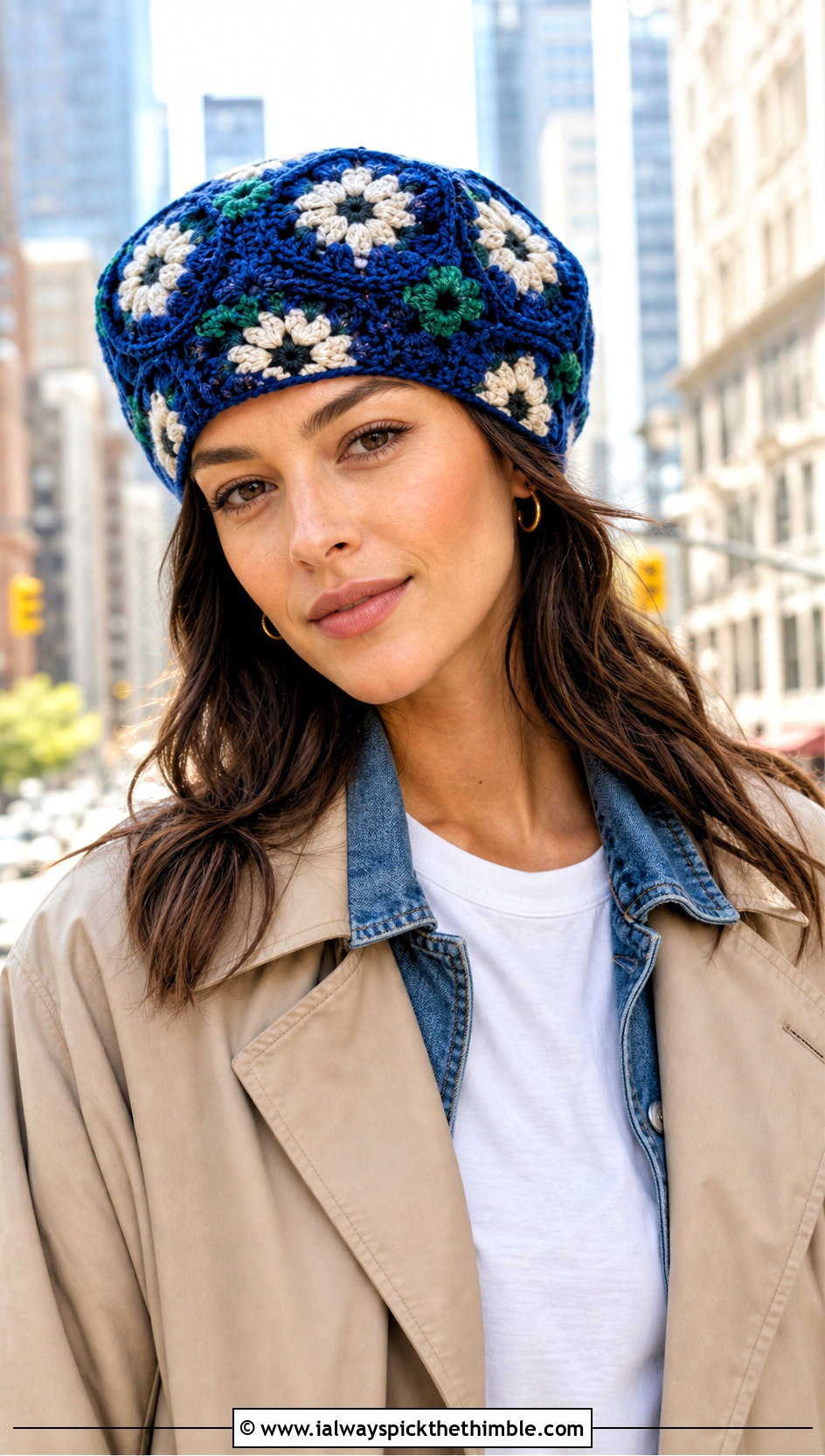 Flower Center Granny Square Beret With Trench Coat - 20 Granny Square Beret outfit ideas