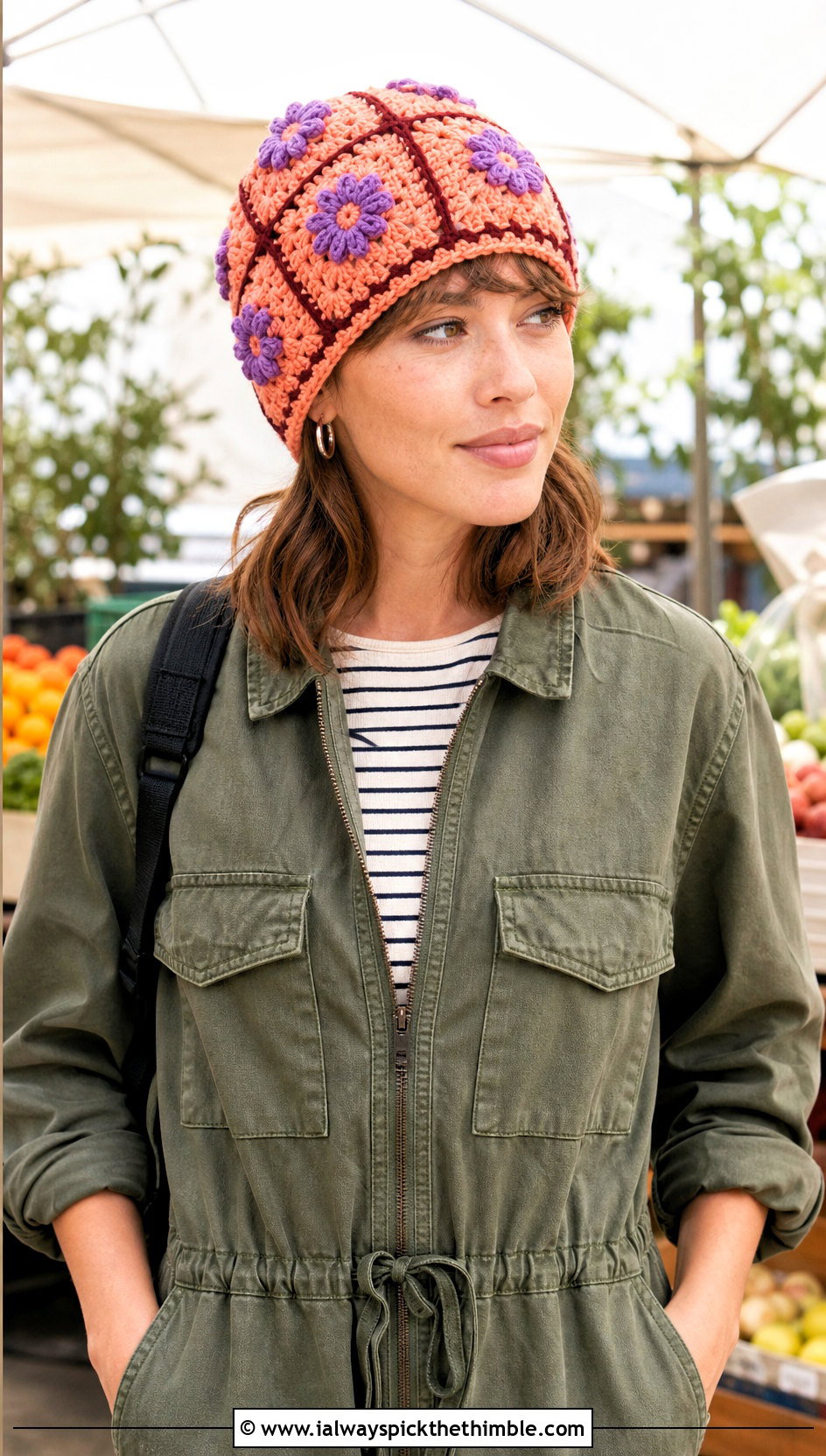 Flower Center Granny Square Crochet Beanie With Utility Jumpsuit - 20 granny square crochet beanie outfit ideas