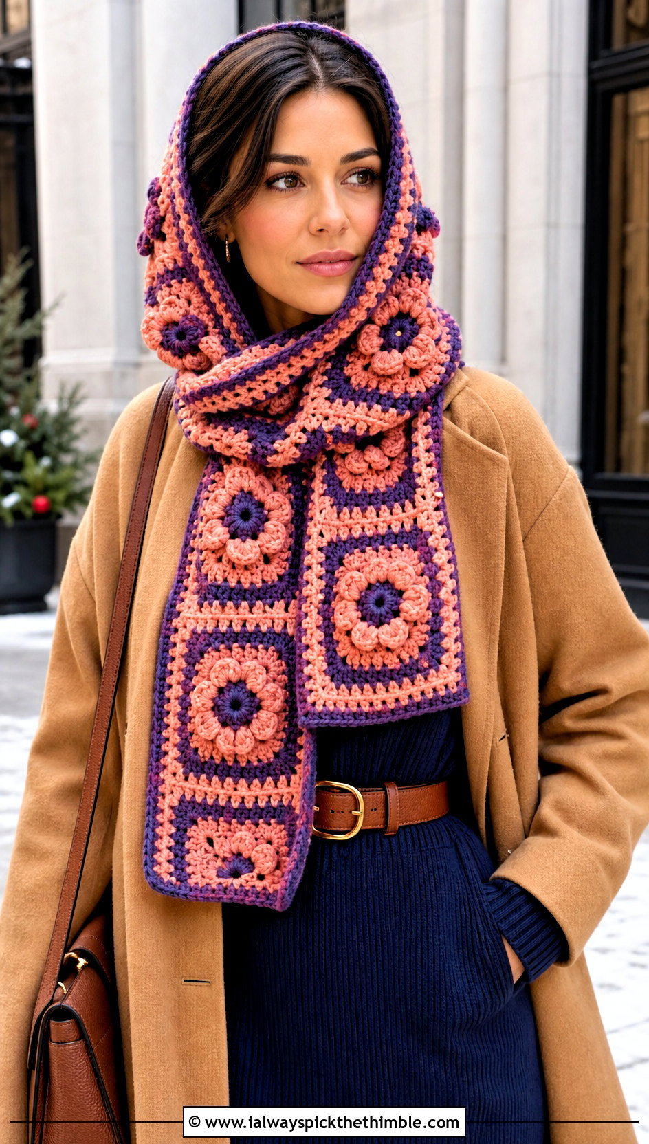 Flower Center Granny Square Crochet Hooded Scarf With Sweater Dress - 20 Granny Square Crochet Hooded Scarf outfit ideas
