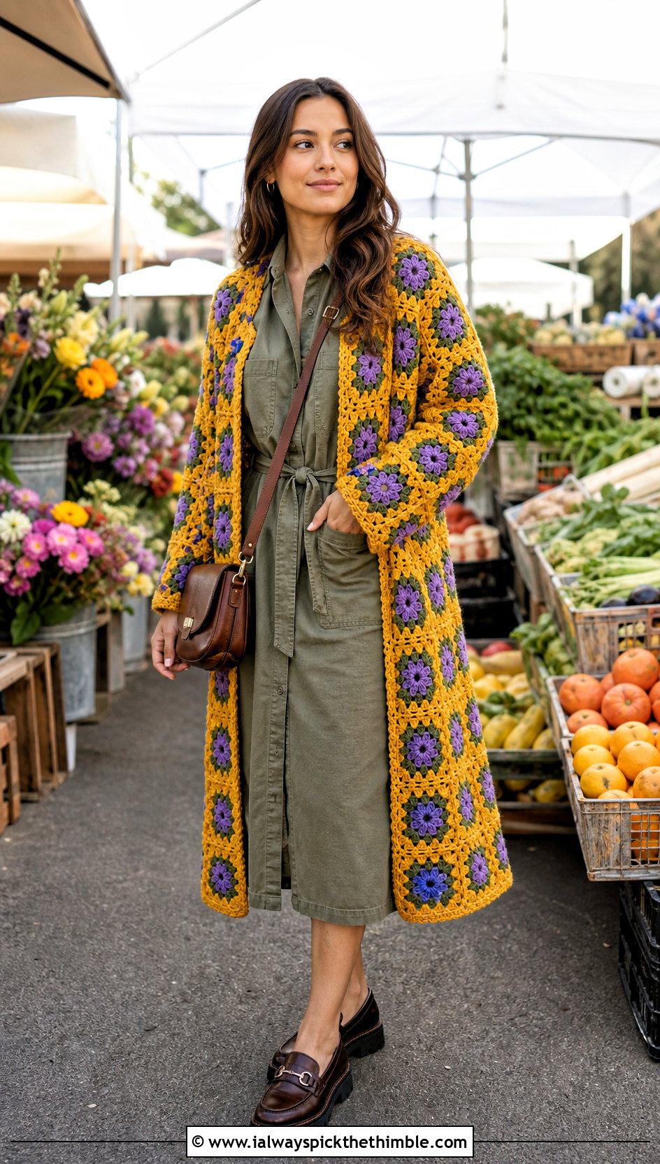 Flower Center Granny Square Duster With Utility Dress - 25 granny square duster outfit ideas