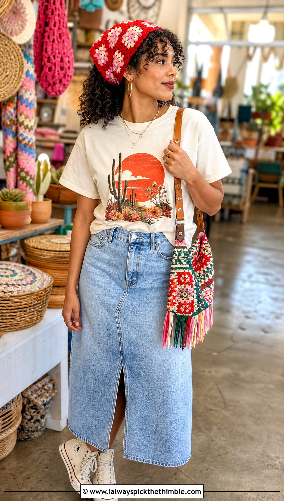 Flower Center Granny Square Hair Scarf With Graphic T Shirt And Denim Skirt - 20 granny square hair scarf outfit ideas