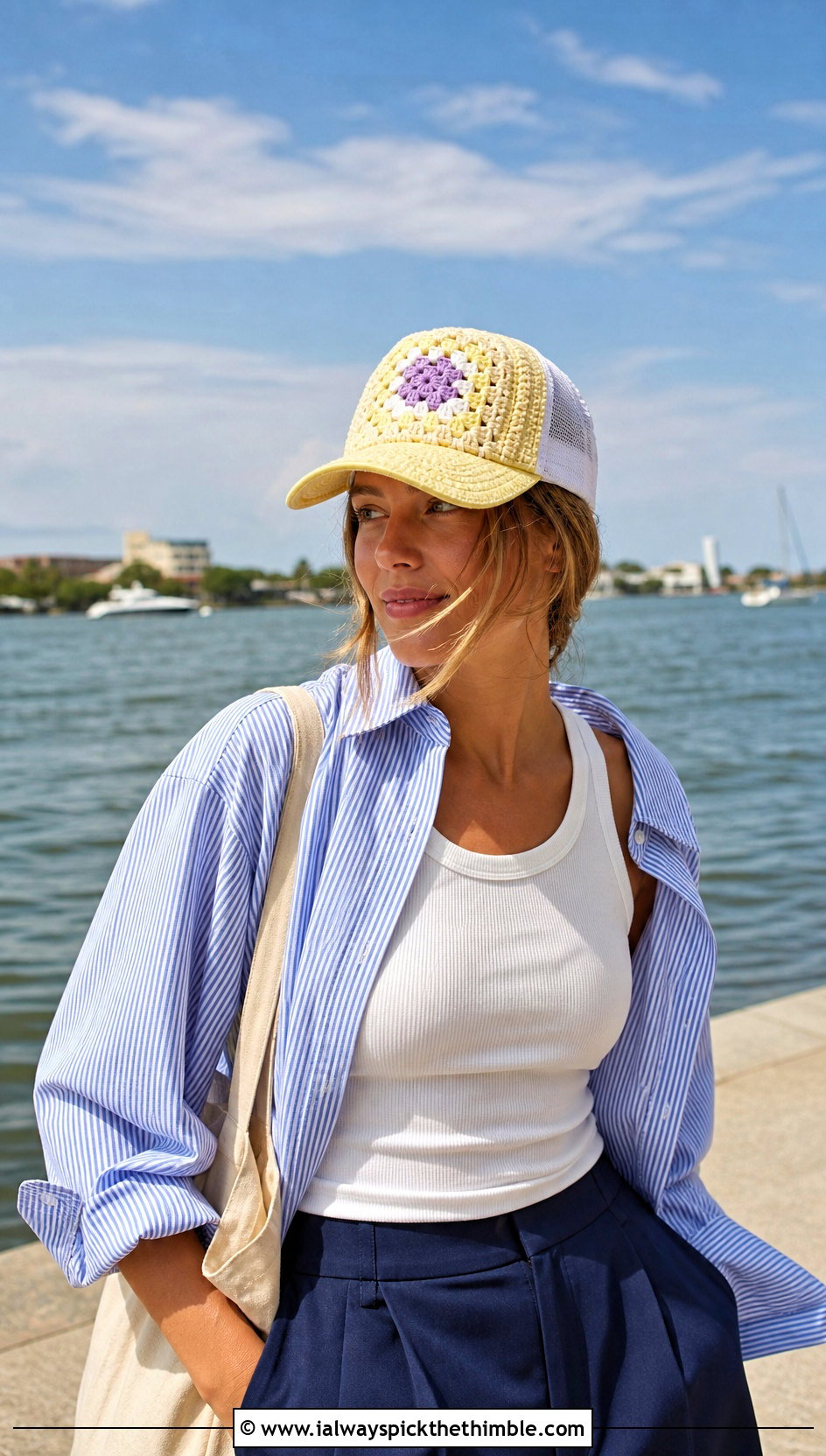 Flower Center Granny Square Trucker Hat With Striped Shirt And Shorts - 25 granny square trucker hat outfit ideas