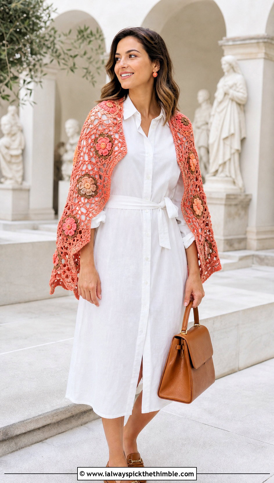 Flower Center Hexagon Shawl With White Shirt Dress - 20 Crochet Hexagon Shawl outfit ideas
