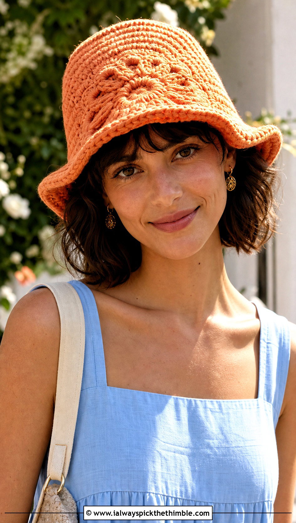 Flower Center Swirl Crochet Hat With Cotton Sundress - 20 crochet swirl hat outfit ideas