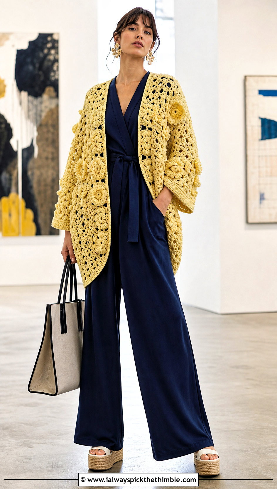 Flower Cocoon Cardigan With Wide Leg Jumpsuit - 20 crochet flowers cardigan outfit ideas