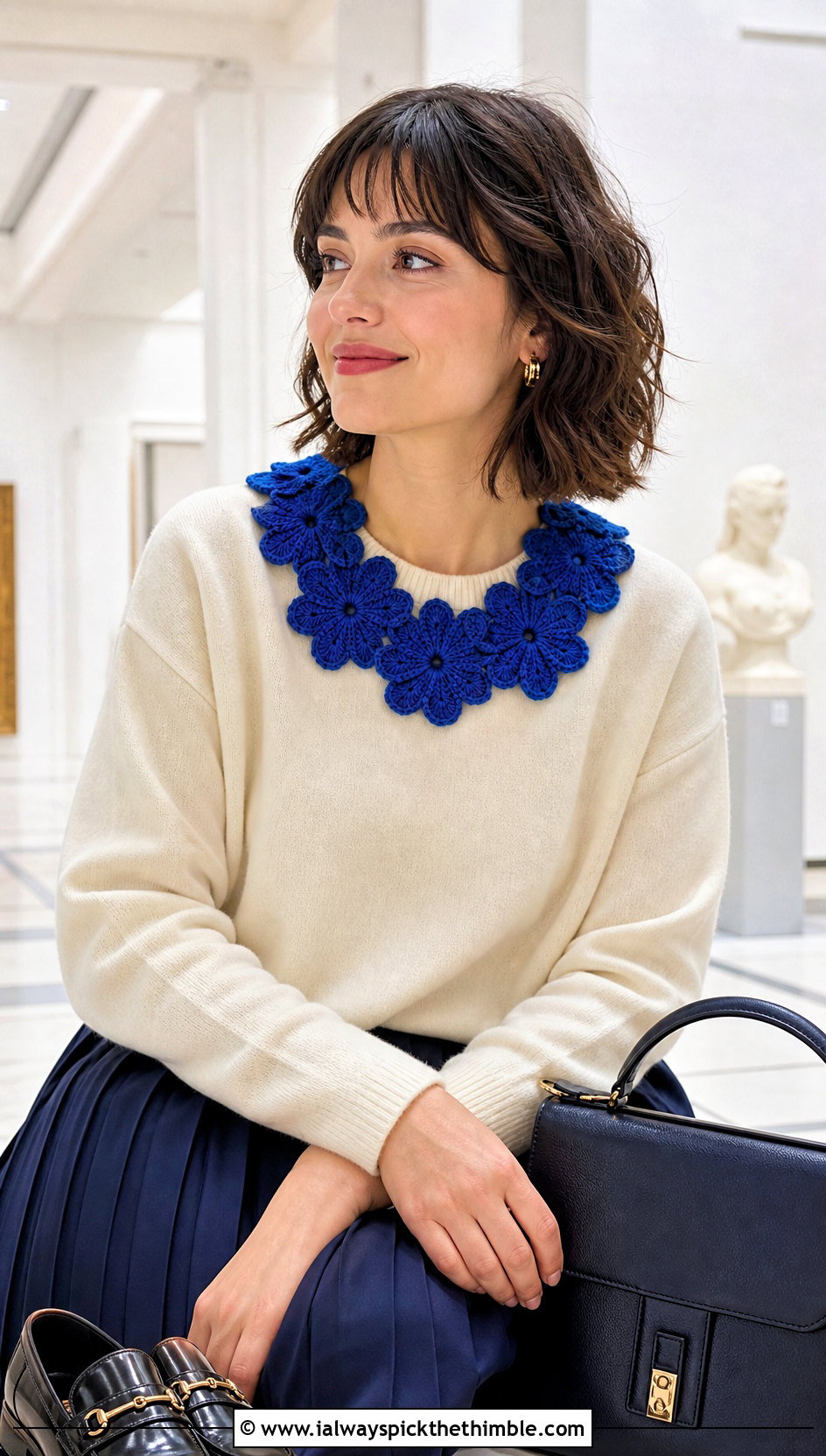 Flower Collar Crochet Scarf With Sweater And Pleated Skirt - 25 crochet flower scarf outfit ideas