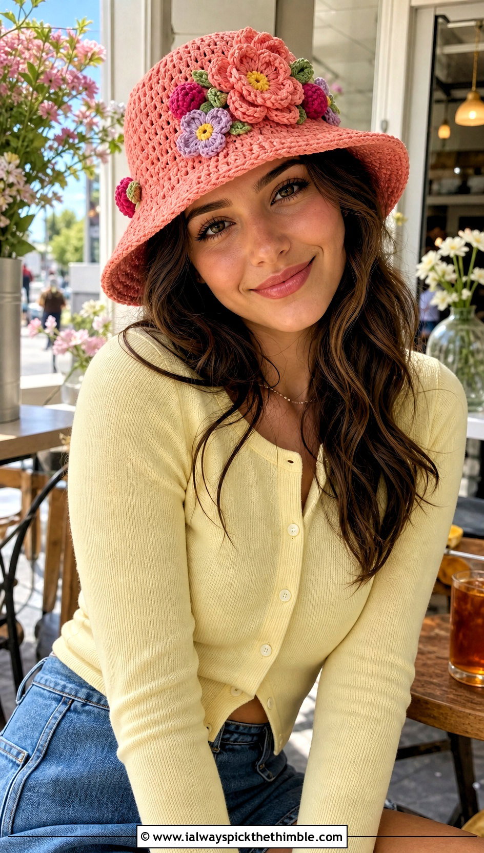 Flower Crochet Bucket Hat With Cardigan And Denim Skirt - 25 cute crochet hat ideas