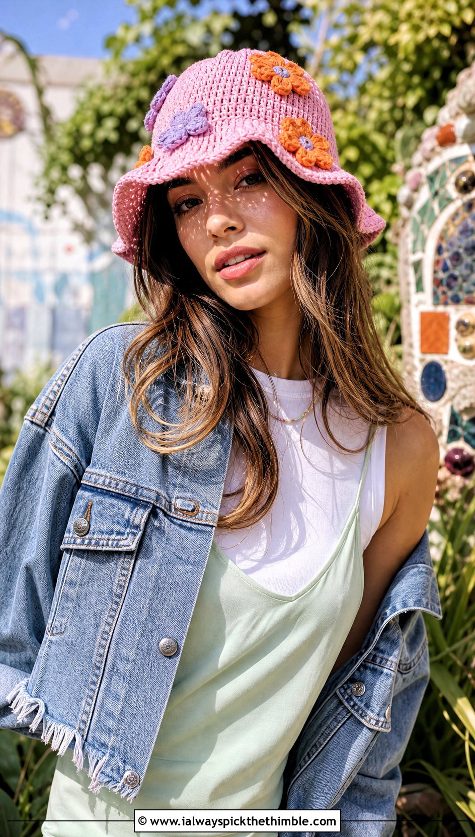 Flower Crochet Bucket Hat With Slip Dress - 25 easy crochet hat outfit ideas
