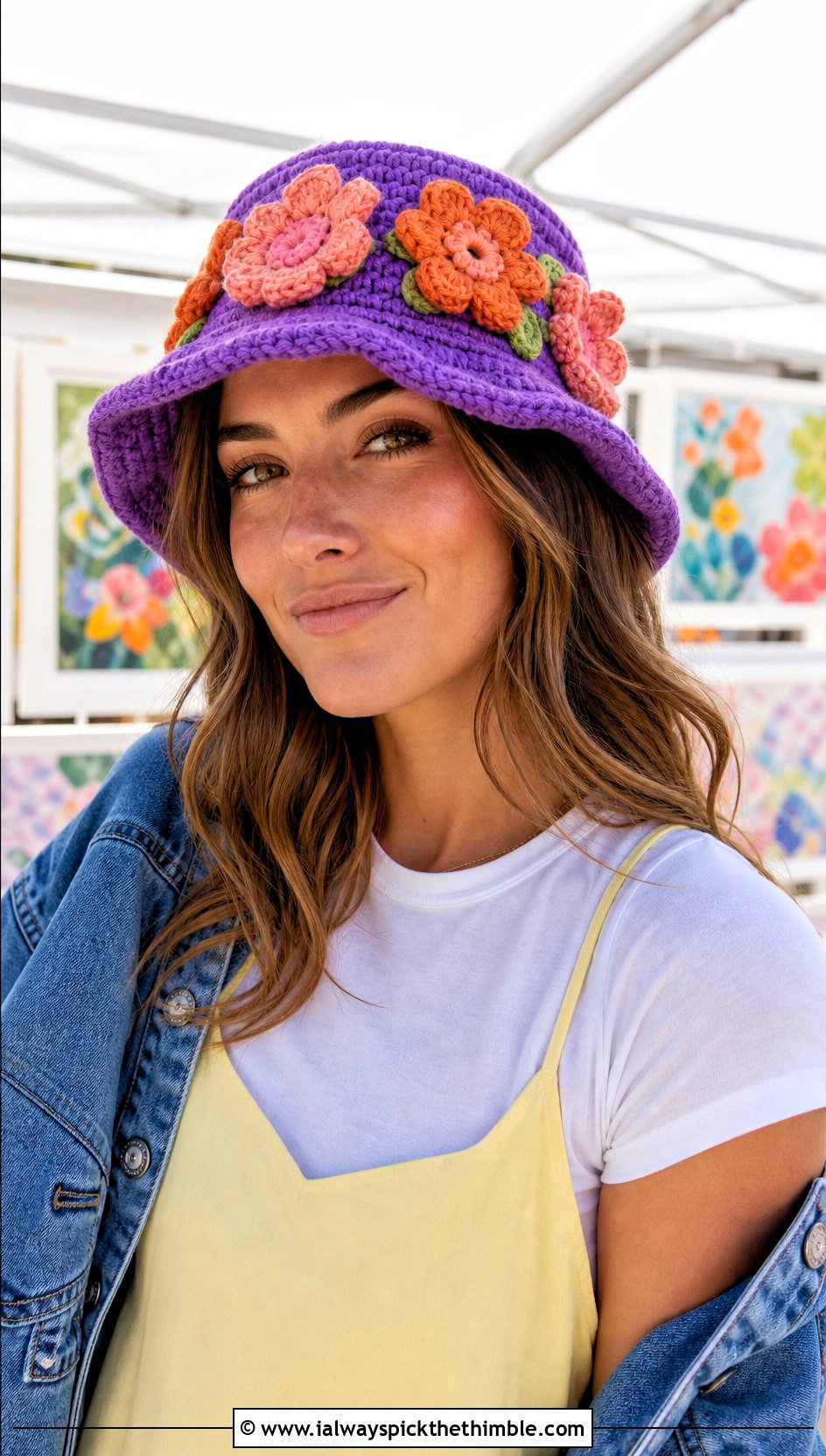 Flower Crochet Bucket Hat With Slip Dress And Sneakers - 25 simple crochet hat outfit ideas