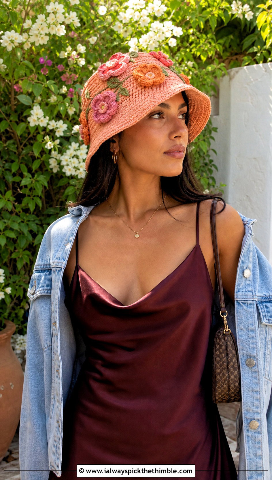 Flower Crochet Bucket Hat With Slip Dress - 20 Quick And Easy Crochet Hat outfit ideas