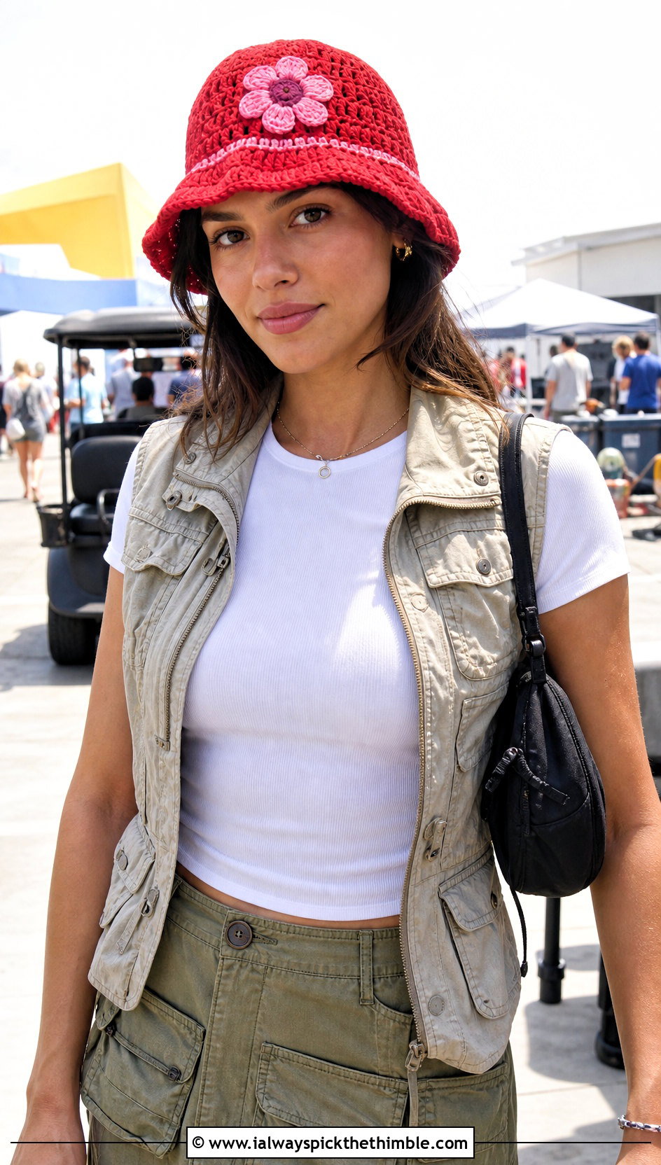 Flower Crochet Bucket Hat With Utility Vest And Cargo Skirt - 20 crocheted hat outfit ideas