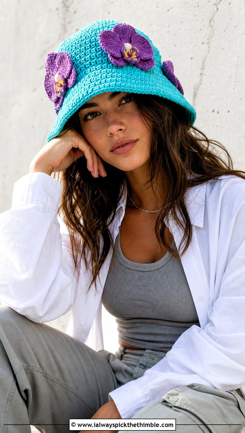 Flower Crochet Bucket Hat With White Shirt And Cargo Pants - 20 Fun Crochet Hat outfit ideas