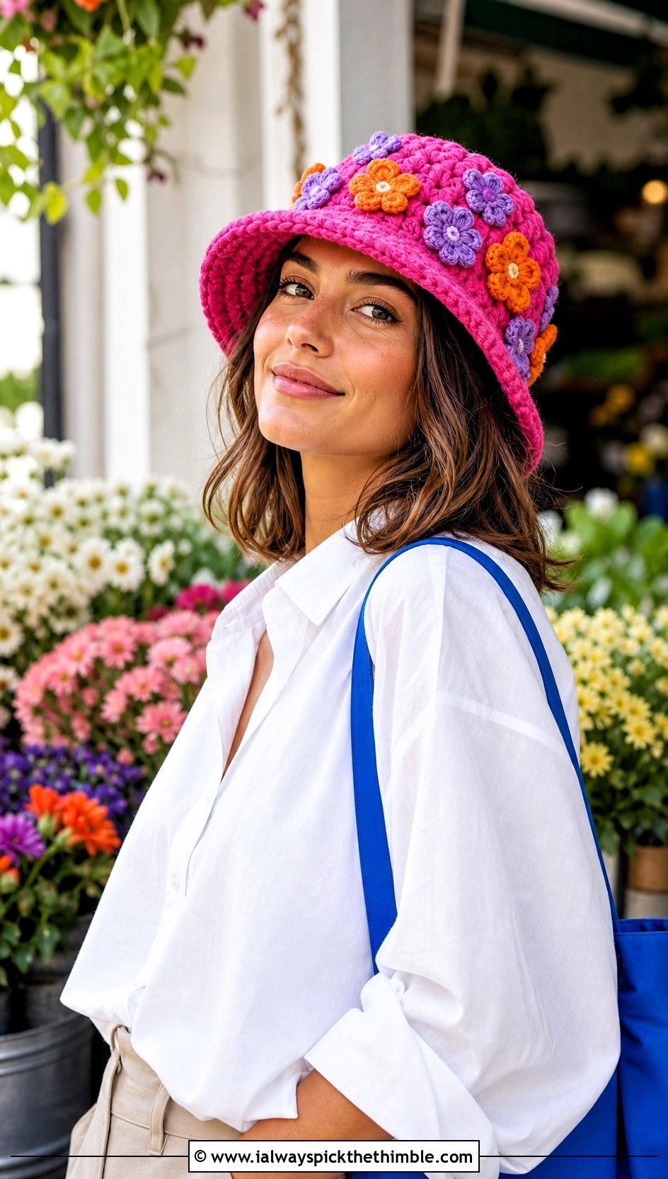 Flower Crochet Bucket Hat With White Shirt - 25 easy crochet hats outfit ideas