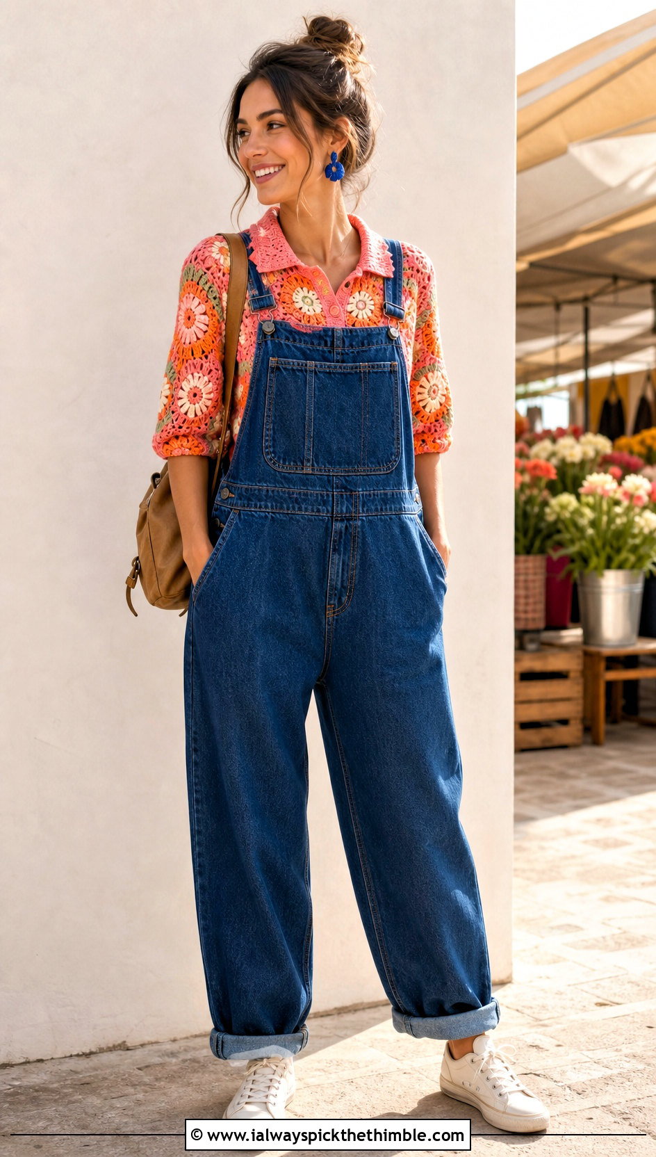 Flower Crochet Collared Shirt With Denim Overalls - 25 Crochet Flower Shirt outfit ideas