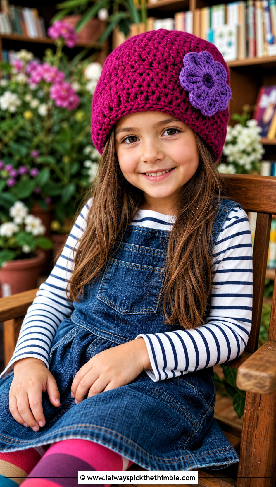 Flower Crochet Hat With Denim Dress - 25 childrens crochet hats outfit ideas
