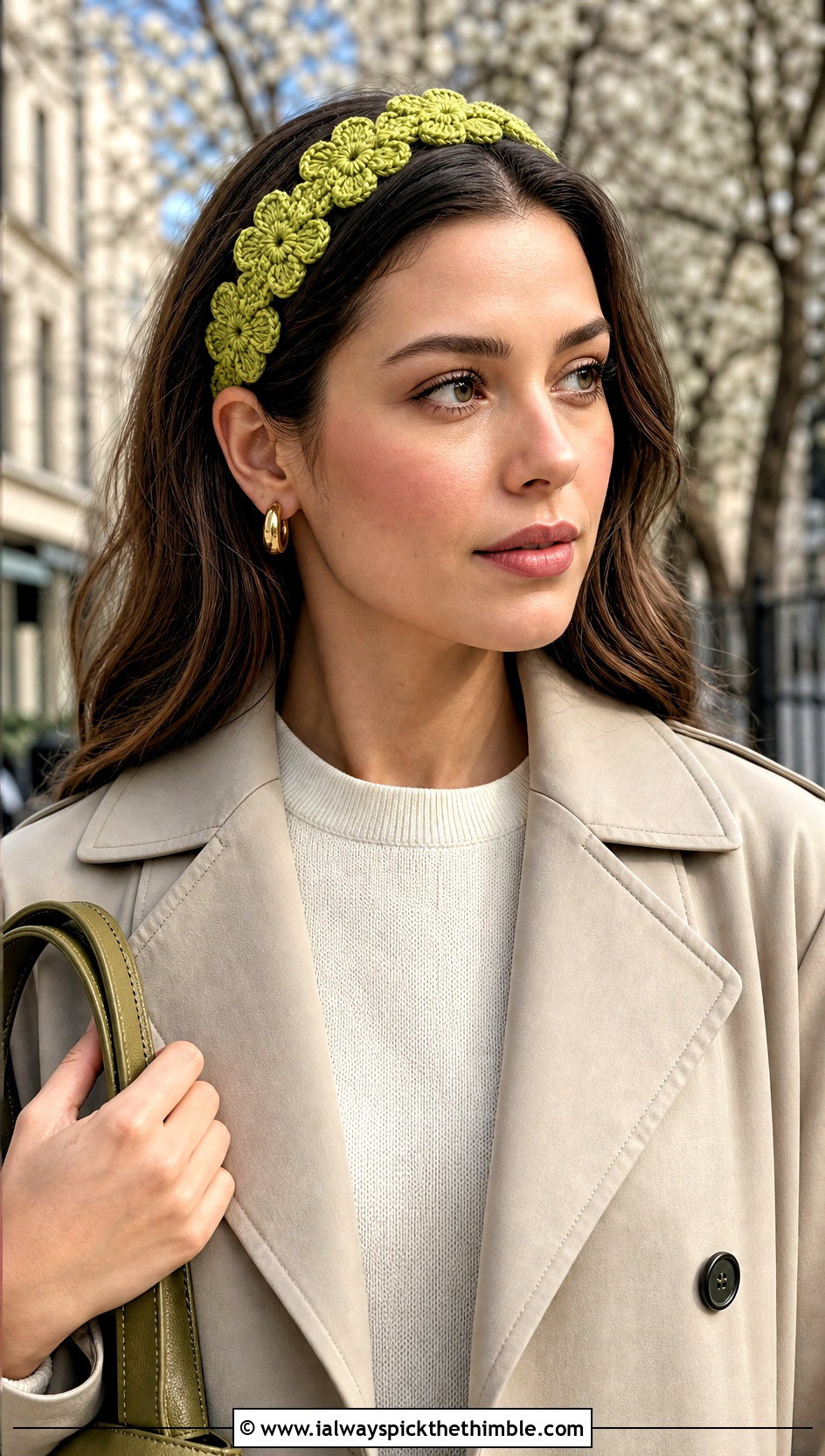 Flower Crochet Headband With Trench Coat - 20 boho crochet headband outfit ideas