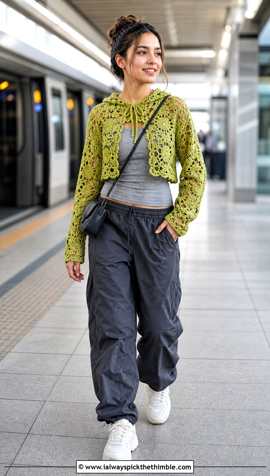 Flower Crochet Hoodie Top With Parachute Pants - 25 crochet flower top outfit ideas