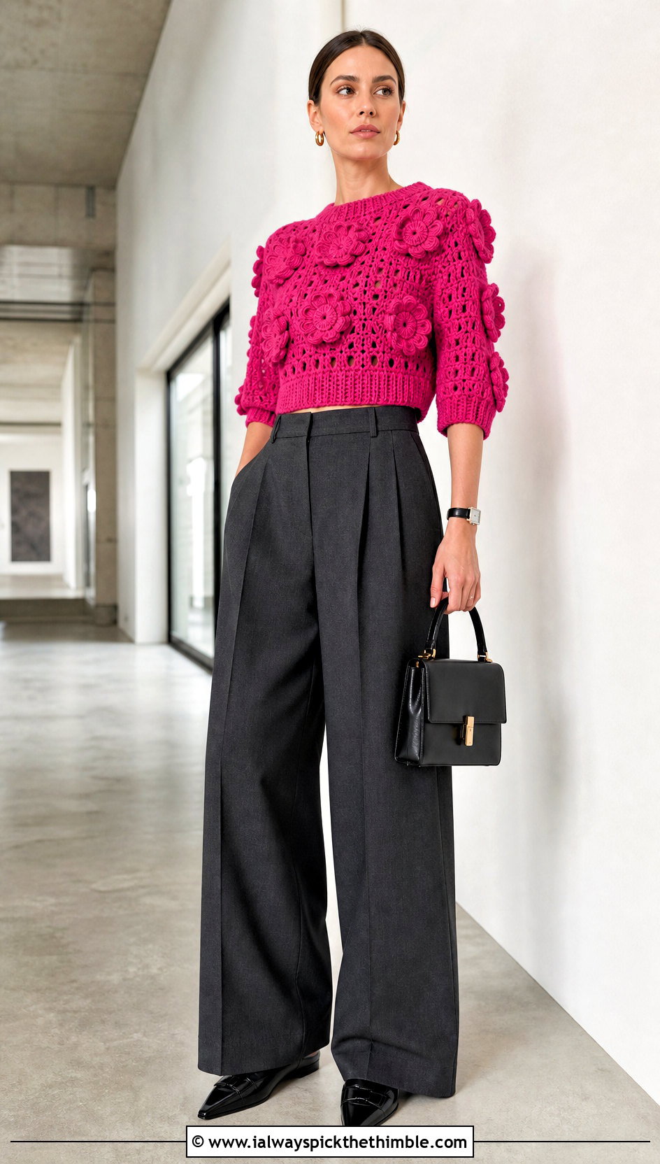 Flower Crochet Sweater With Tailored Trousers - 15 Crochet Sweater 70S outfit ideas