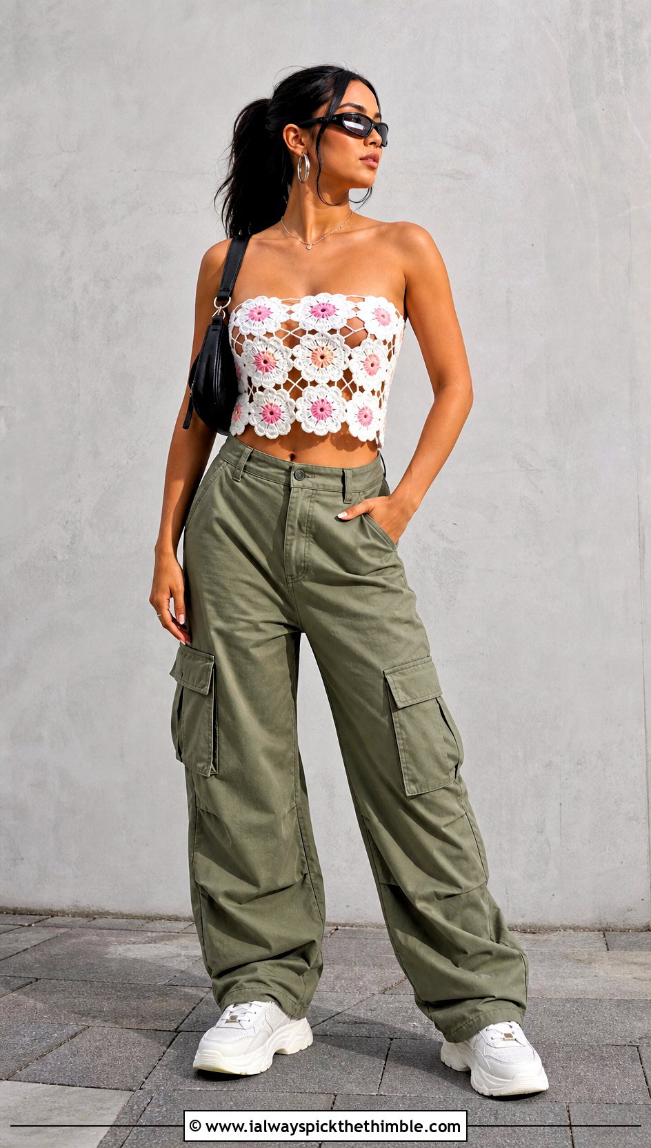Flower Crochet Tube Top With Cargo Pants - 15 white crochet top with flowers outfit ideas