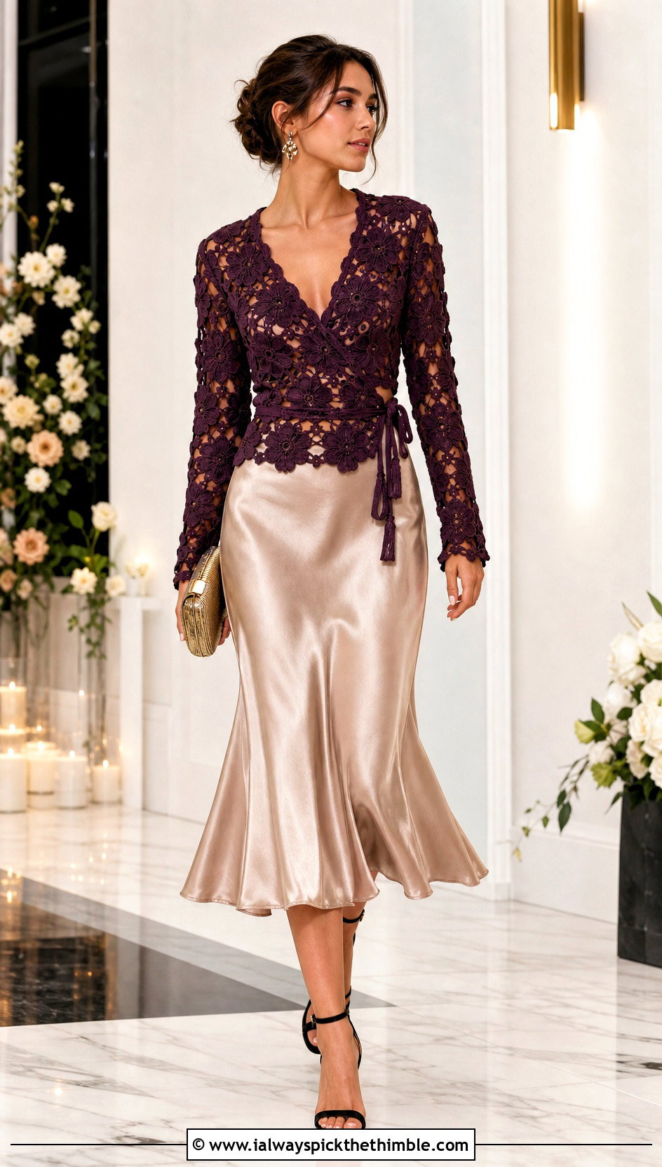 Flower Crochet Wrap Top With Satin Midi Skirt - 15 Flower Crochet Top outfit ideas