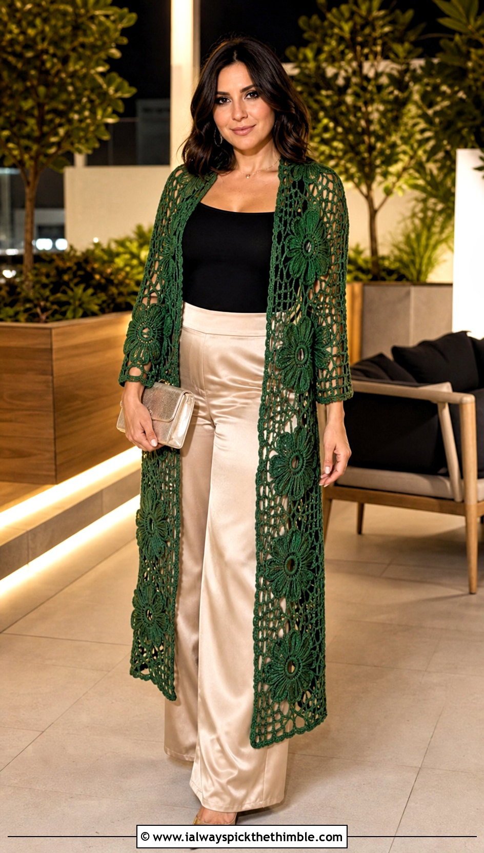 Flower Duster Cardigan With Satin Pants - 20 crochet flower cardigan outfit ideas