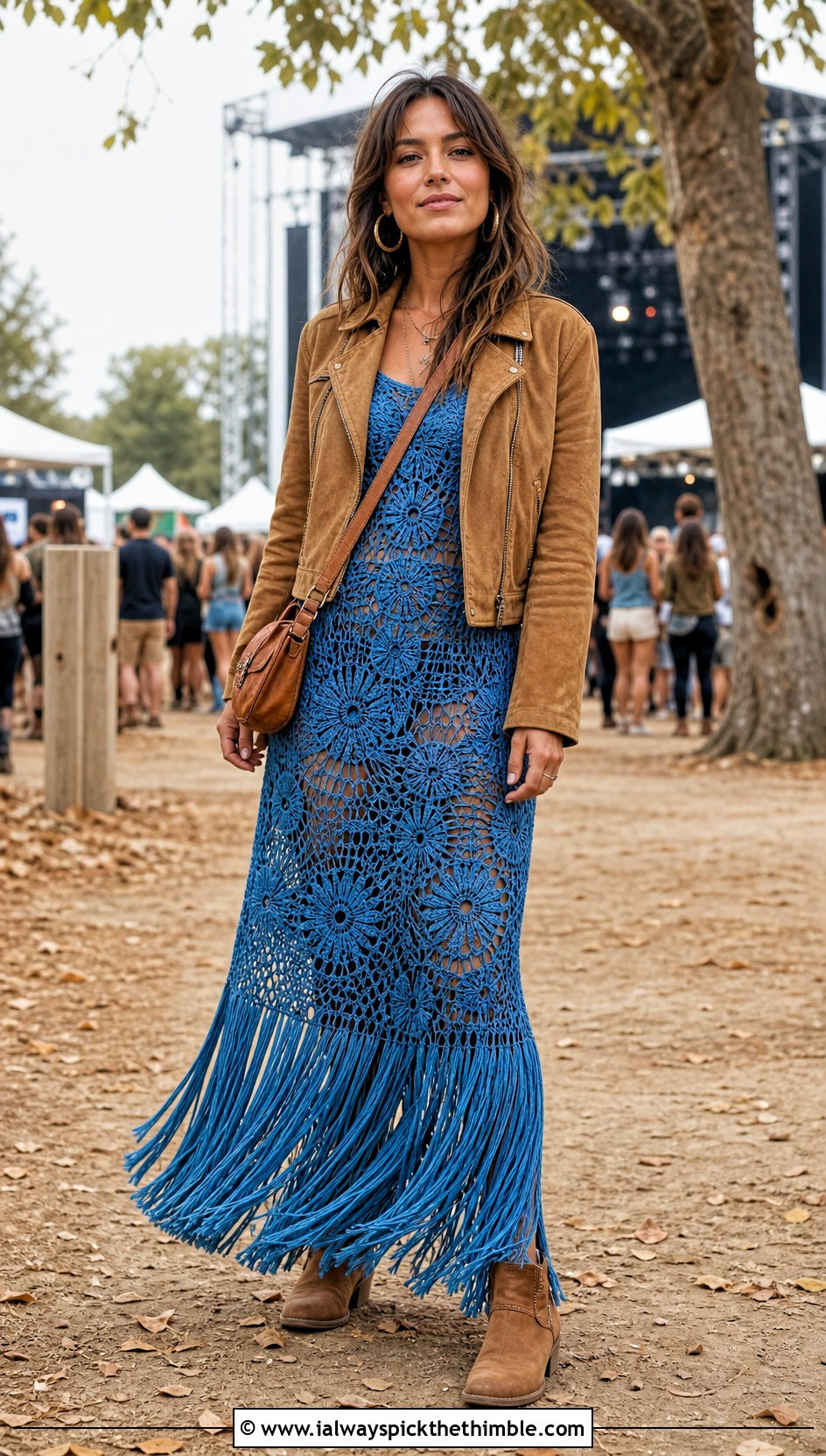 Flower Fringe Crochet Maxi Dress With Suede Jacket - 25 Crochet Flower Dress outfit ideas