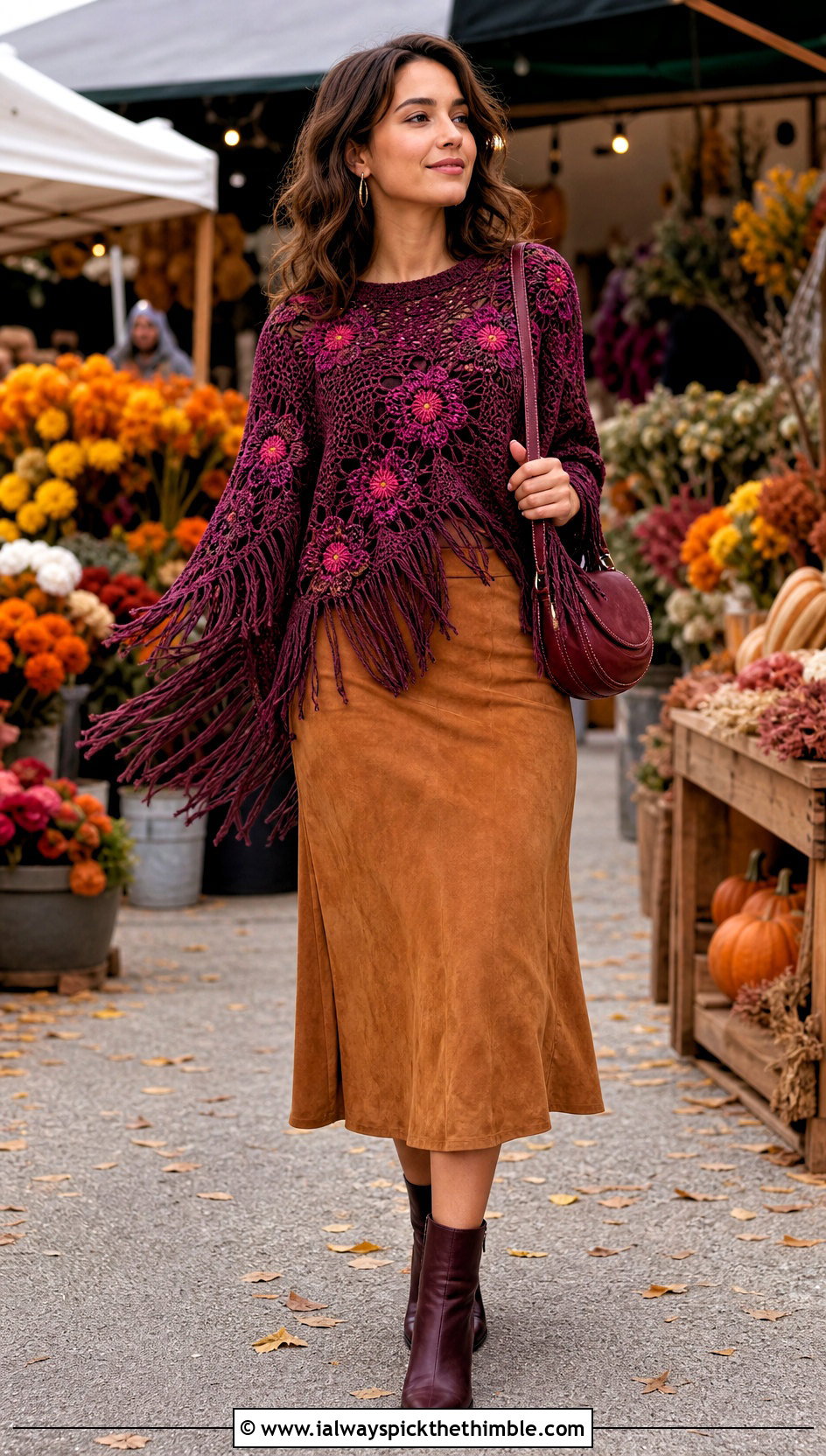 Flower Fringe Crochet Top With Suede Midi Skirt - 25 crochet top with flowers outfit ideas