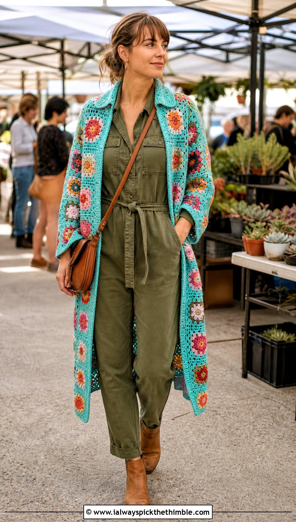 Flower Granny Square Afghan Coat With Utility Jumpsuit - 15 crochet granny square afghan style coat cardigan outfit ideas