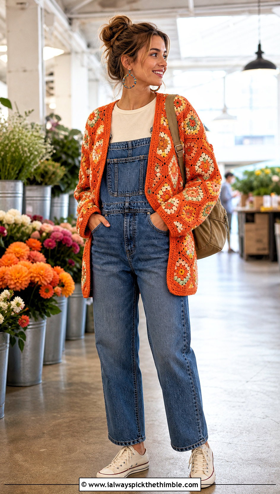 Flower Granny Square Back Hexagon Cardigan With Denim Overalls - 20 Hexagon Cardigan With Granny Square Back outfit ideas