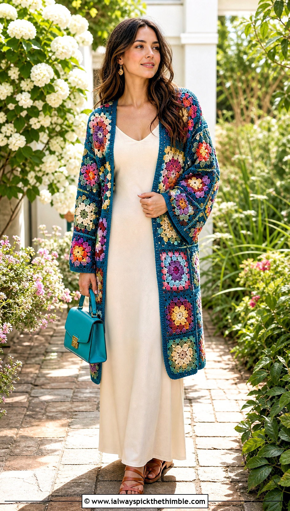 Flower Granny Square Blanket Crochet Cardigan With Maxi Dress - 20 blanket crochet cardigan outfit ideas