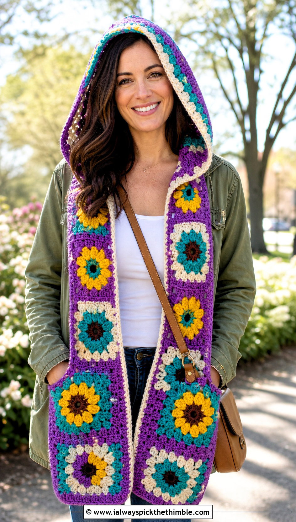 Flower Granny Square Crochet Hooded Pocket Scarf With Utility Jacket - 20 crochet hooded pocket scarf outfit ideas