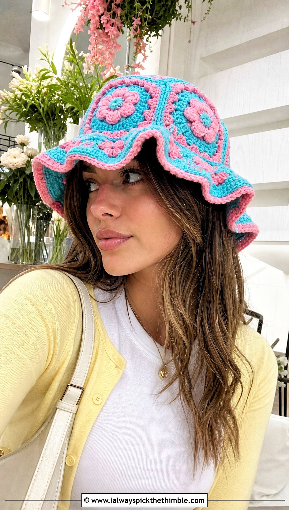 Flower Granny Square Crochet Ruffle Bucket Hat With Cardigan - 25 crochet ruffle bucket hat outfit ideas