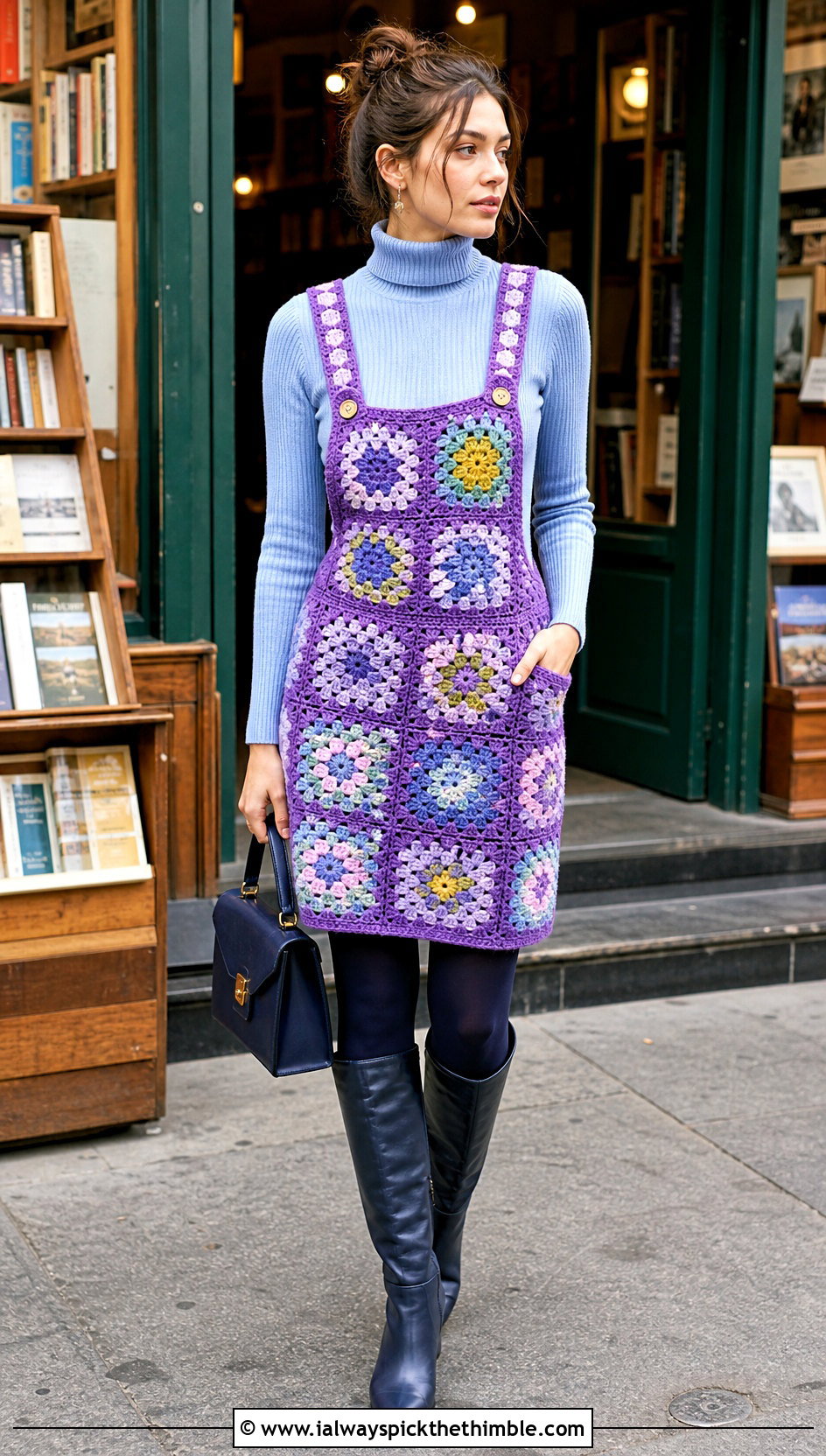 Flower Granny Square Crochet Skirtalls With Ribbed Turtleneck - 20 Granny Square Crochet Overalls outfit ideas