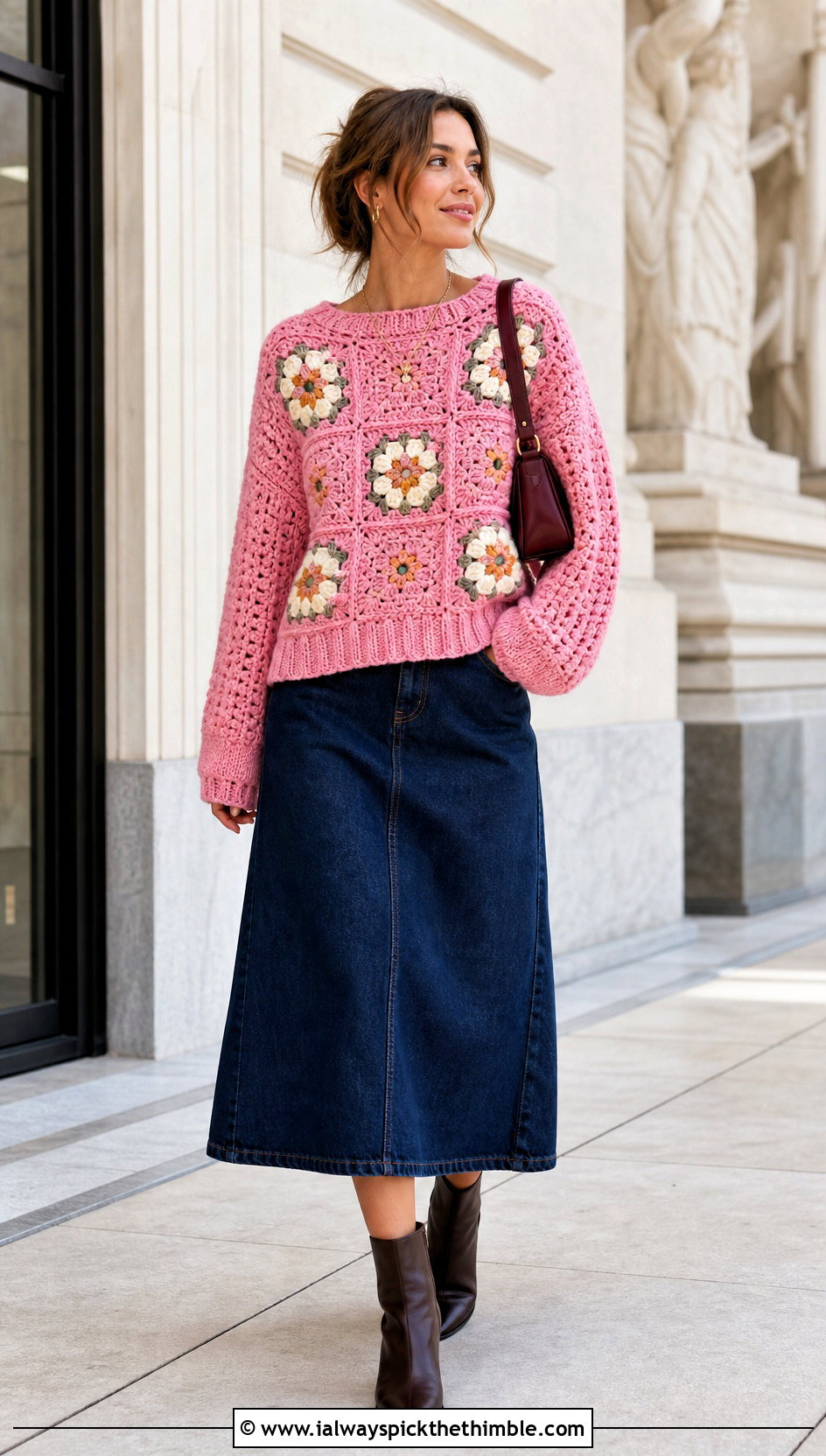 Flower Granny Square Jumper With Denim Midi Skirt - 20 crochet square jumper outfit ideas