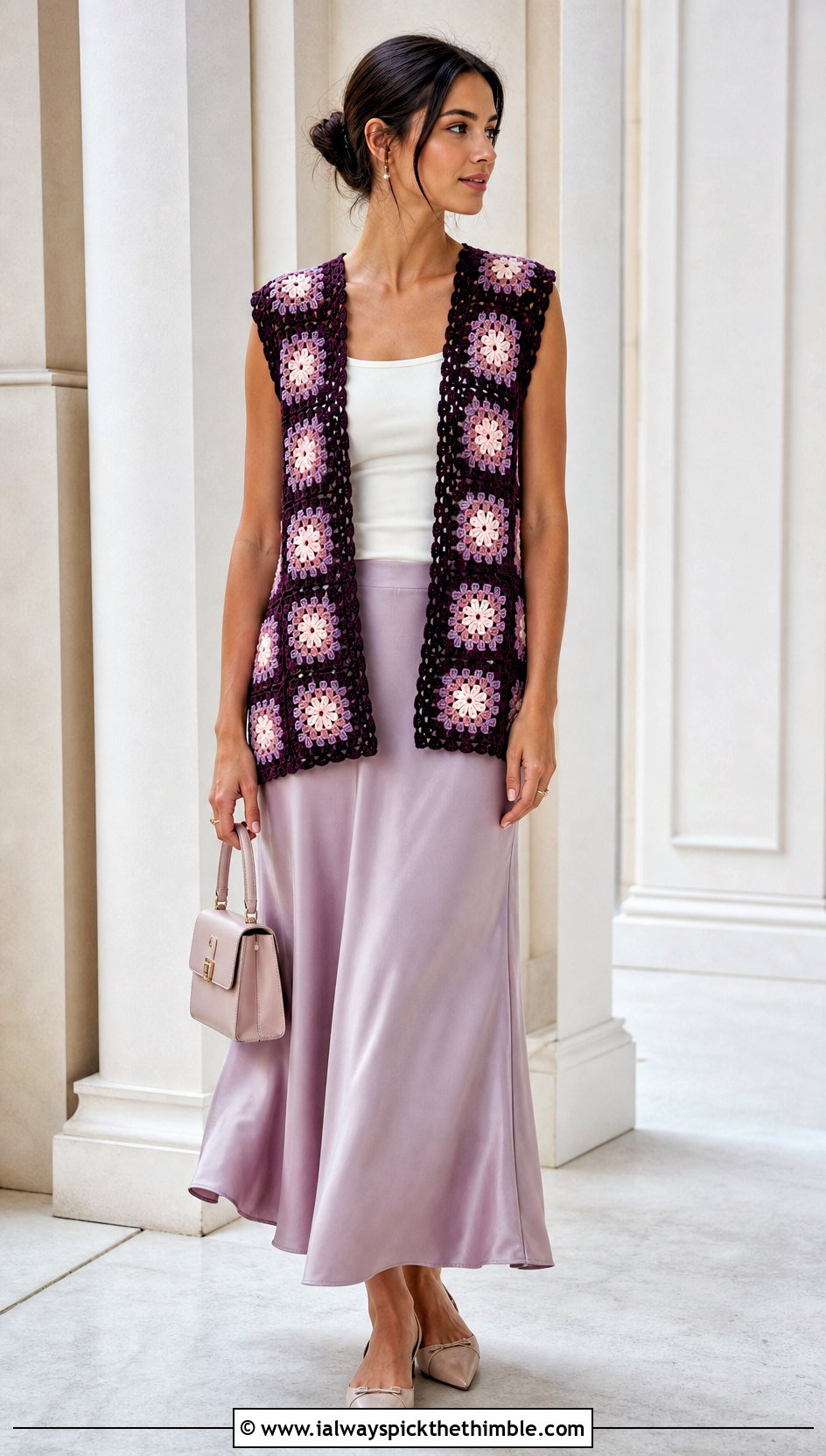 Flower Granny Square Open Vest With Satin Slip Skirt - 20 granny square open vest outfit ideas