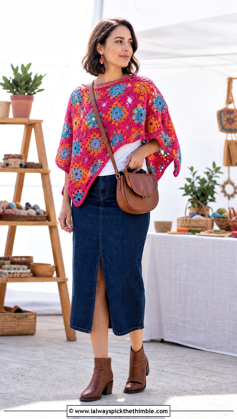 Flower Granny Square Poncho With Denim Midi Skirt - 20 Granny Squares Poncho outfit ideas