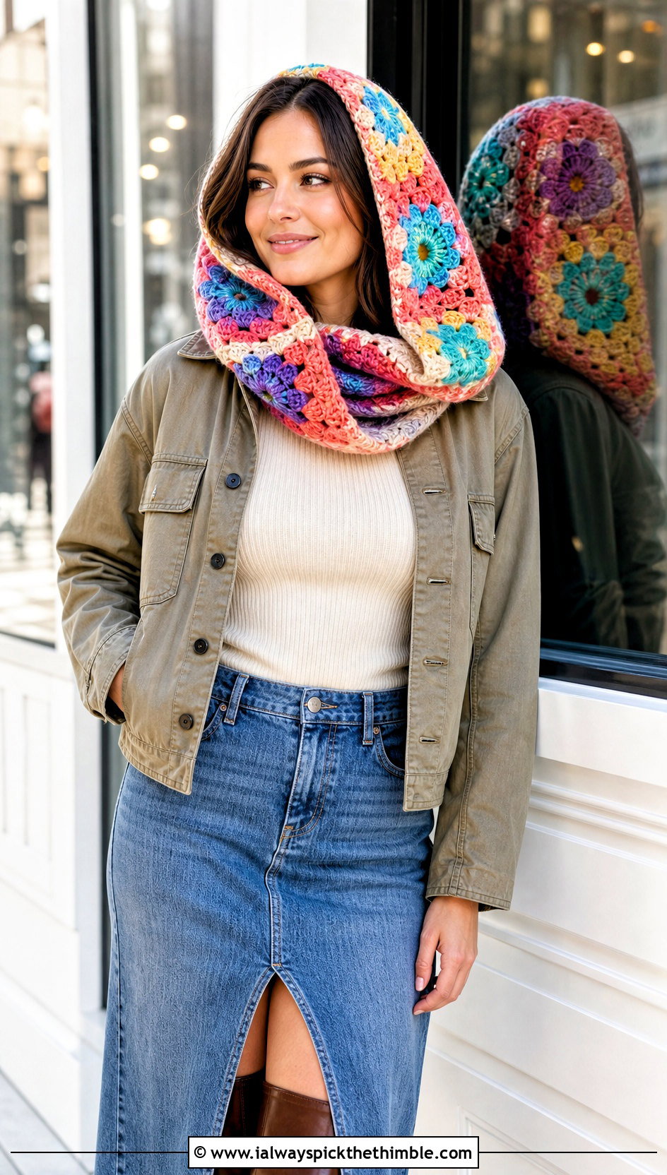 Flower Granny Square Scoodie With Denim Midi Skirt - 20 crochet scarf hood outfit ideas