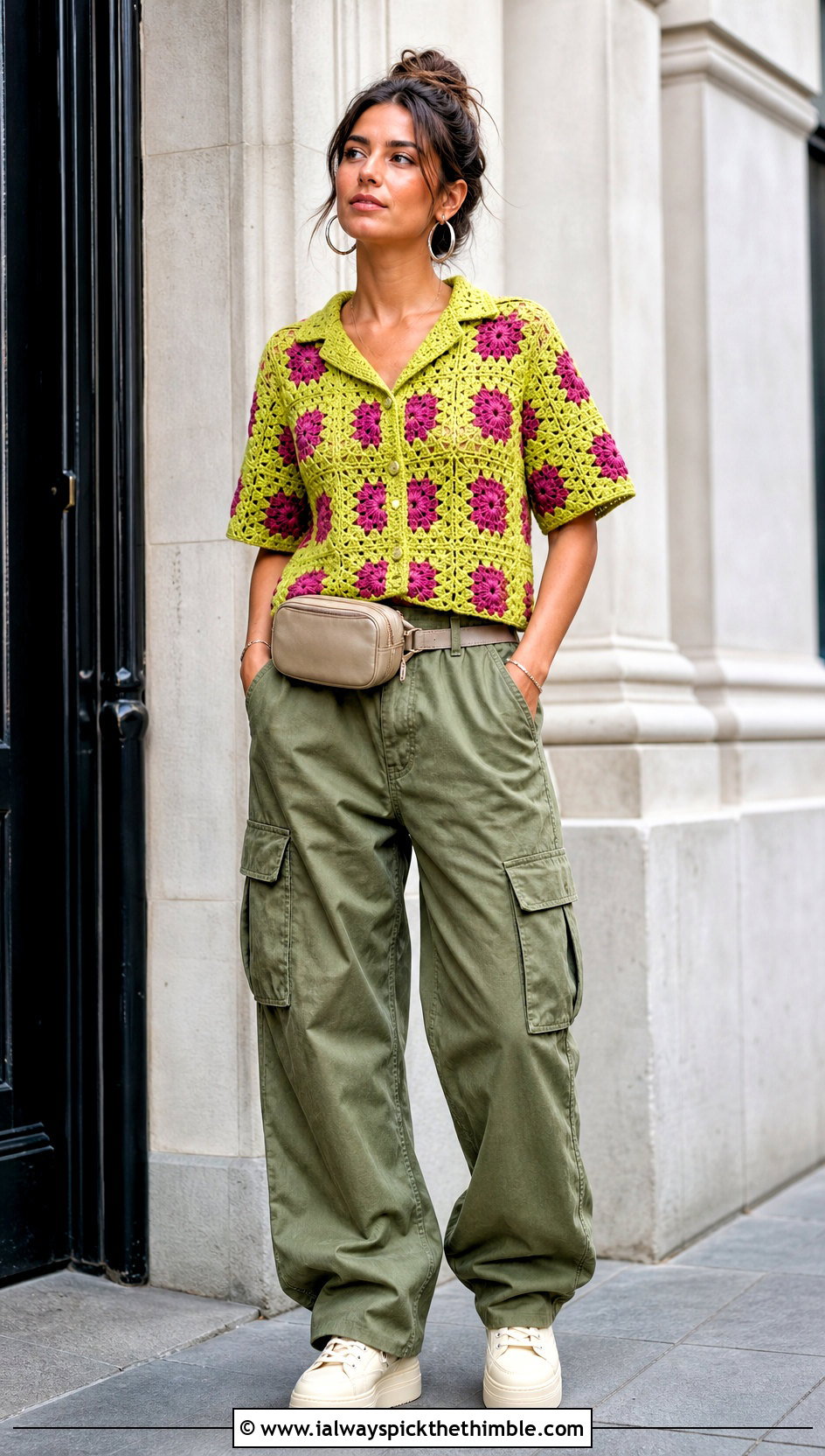 Flower Granny Square Shirt With Cargo Pants - 25 granny square shirt outfit ideas