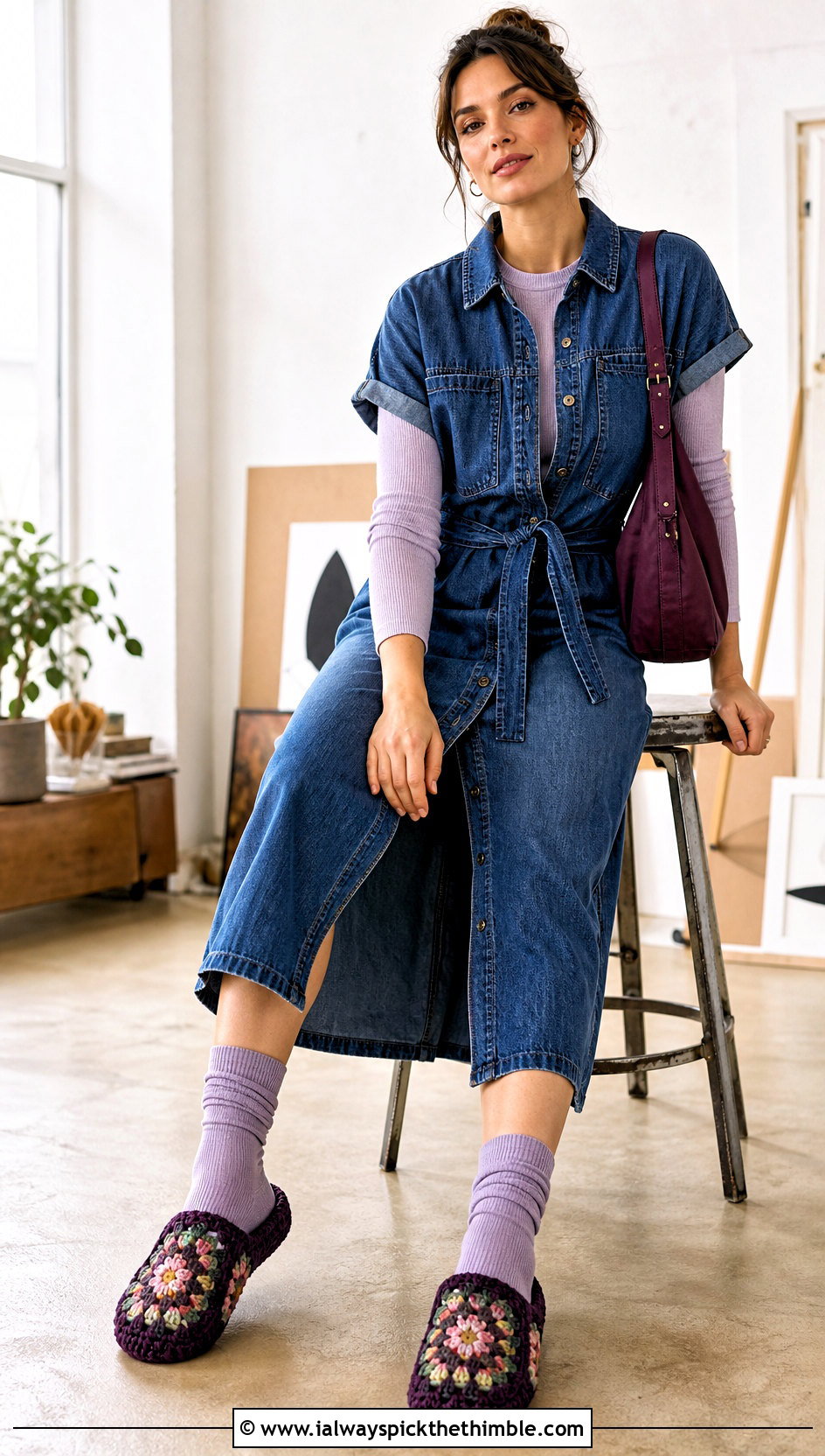 Flower Granny Square Slippers With A Denim Shirt Dress - 15 Crochet Granny Square Slipper outfit ideas