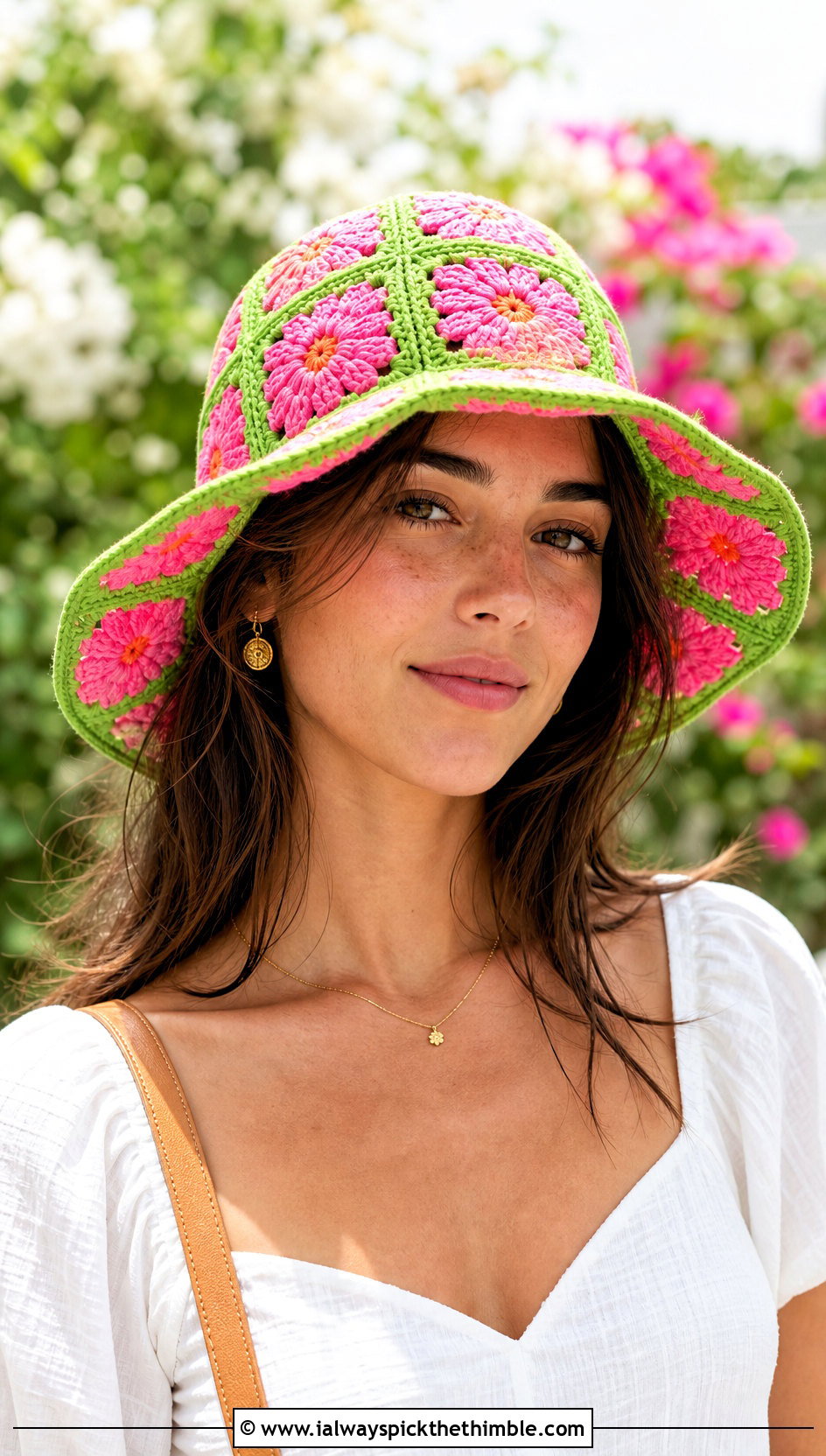 Flower Granny Square Sun Hat With White Midi Dress - 20 Granny Crochet Hat outfit ideas