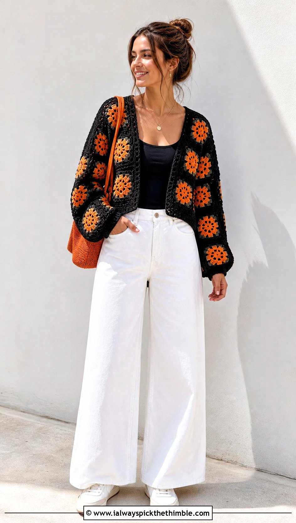 Flower Granny Square Sweater With White Wide Leg Jeans - 20 black granny square sweater outfit ideas