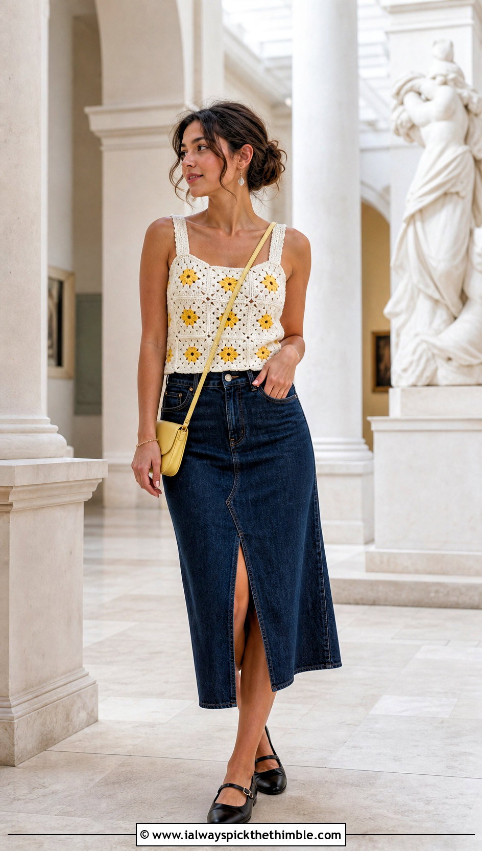 Flower Granny Square Tank Top With Denim Midi Skirt - 15 white crochet top with flowers outfit ideas