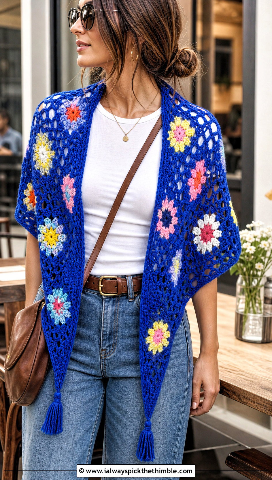 Flower Granny Square Triangle Shawl With Denim - 15 Crochet Floral Shawl outfit ideas