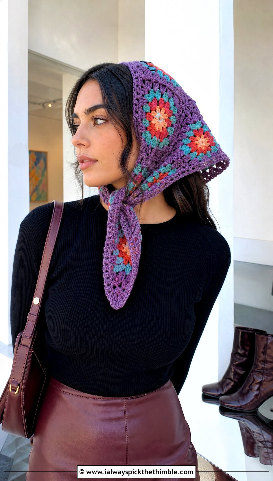 Flower Granny Triangle Head Scarf With Leather Skirt - 25 crochet head scarf outfit ideas