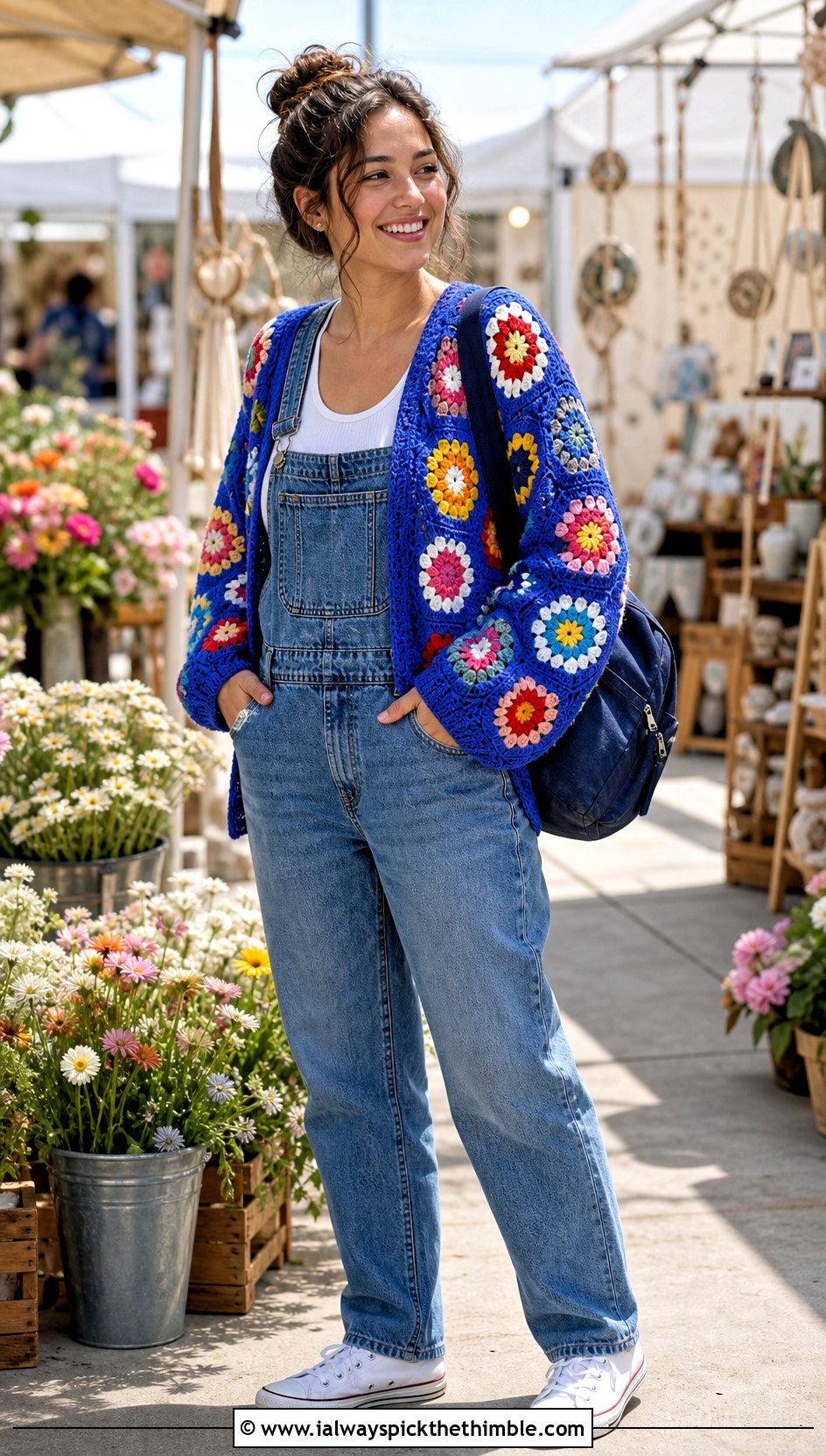 Flower Hex Crochet Cardigan With Denim Overalls - 25 hex crochet cardigan outfit ideas