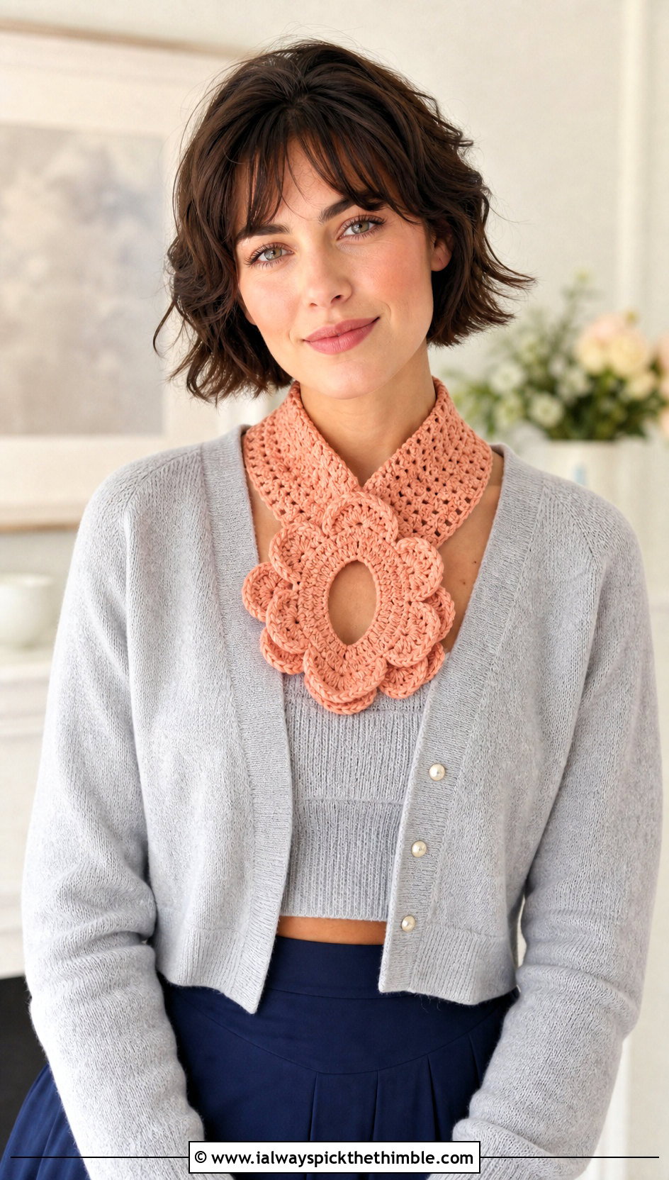 Flower Keyhole Crochet Scarf With Cardigan Set - 20 Keyhole Crochet Scarf outfit ideas